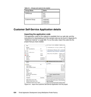 Table A-1 Groups and users to be created
                Group Name                   Users

                CSRGroup                     csr1
                                             csr2
                                             csr3

                Customer Group               customer1
                                             customer2
                                             customer3




Customer Self-Service Application details
               Importing the application code
               The application code for this redbook is available from our web site; and the
               instructions for downloading all of the sample code can be found in Appendix G,
               “Additional material” on page 693. To run this code, import the code into the
               project that you have created.




               Figure A-4 Import the Customer Self Service Application into the project




634   Portal Application Development Using WebSphere Portlet Factory
 