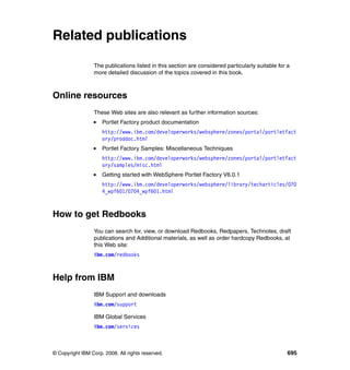 Related publications

                 The publications listed in this section are considered particularly suitable for a
                 more detailed discussion of the topics covered in this book.



Online resources
                 These Web sites are also relevant as further information sources:
                     Portlet Factory product documentation
                     http://www.ibm.com/developerworks/websphere/zones/portal/portletfact
                     ory/proddoc.html
                     Portlet Factory Samples: Miscellaneous Techniques
                     http://www.ibm.com/developerworks/websphere/zones/portal/portletfact
                     ory/samples/misc.html
                     Getting started with WebSphere Portlet Factory V6.0.1
                     http://www.ibm.com/developerworks/websphere/library/techarticles/070
                     4_wpf601/0704_wpf601.html



How to get Redbooks
                 You can search for, view, or download Redbooks, Redpapers, Technotes, draft
                 publications and Additional materials, as well as order hardcopy Redbooks, at
                 this Web site:
                 ibm.com/redbooks



Help from IBM
                 IBM Support and downloads
                 ibm.com/support

                 IBM Global Services
                 ibm.com/services



© Copyright IBM Corp. 2008. All rights reserved.                                                  695
 