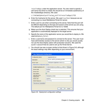 installedApps under the application server. You also need to specify a
   cell name into which to install; this should be an immediate subdirectory of
   the installedApps directory. We used:
   c:ibmWebSphereprofileswp_profileinstalledAppsITSO
e. Enter the hostname for the server. We used localhost because we are
   connecting to a local WebSphere Portal 6.0 server.
f. Enter a port to use when connecting to the server. Note that this port will
   be different depending on the type and version of the server you are using.
   The default port for WebSphere Portal 6.0 is 10038.
g. Make sure the Auto Deploy check box is selected. This ensures that your
   application is automatically deployed to the target server.
h. Specify the name of the application server you would like to deploy to. We
   used WebSphere_Portal.
i. Enter a username and password to connect to the server. This user must
   have administrator access to the server (which is why you would usually
   not use the Auto Deploy option with production servers). We used the
   wpadmin account that we used to set up the Portal Server.
j. You should now see a screen similar to that shown in Figure 3-8, although
   the exact settings may differ depending on your environment.




   Figure 3-8 Deployment configuration settings




                                                  Chapter 3. Creating projects   53
 