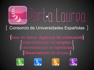 Consorcio de Universidades Españolas
Base de datos. Agencia de colocación
Intermediación en empleo
Observatorio de empleo
Intermediación en servicios
 