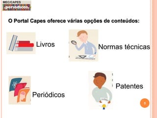 O Portal Capes oferece várias opções de conteúdos: 
Livros 
Periódicos 
Normas técnicas 
Patentes 
5 
 