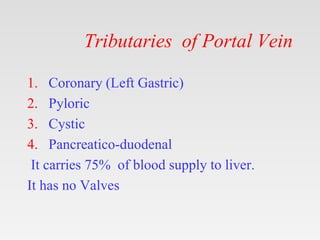 Tributaries of Portal Vein
1. Coronary (Left Gastric)
2. Pyloric
3. Cystic
4. Pancreatico-duodenal
It carries 75% of blood supply to liver.
It has no Valves
 