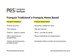 Franquia Tradicional x Franquia Home Based
Franquia Tradicional               Franquia Home Based

*Precisa de ponto;                 *Aproveita o espaço em casa;

*Tem estoque;                      *Não tem estoque;

*Passiva – espera o cliente;       *Ativa – vai atrás do cliente;

*Alto investimento em              *Baixo investimento em equipamentos;
equipamentos;

*Horário de funcionamento          *Empresário define o horário de funcionamento;
pré-determinado;




Portal Classificados de Serviços                             www.classificadosdeservicos.com.br
 