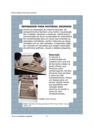 Portal de ajudas técnicas para educação




                SEPARADOR PARA MATERIAL DOURADO
                  Auxilia na separação do material dourado. Os
                  compartimentos facilitam uma melhor visualização
                  das unidades, dezenas e centenas, melhorando a
                  concentração do aluno na atividade de matemática.
                  Foi confeccionado para um aluno que entendia as
                  operações aritméticas, porém misturava as peças
                  contadas com as não contadas. O separador pode
                  ser utilizado em situações que exigem separação
                  de estímulos gráficos, visuais e objetos pequenos.


                                                          Descrição:
                                                          O recurso é
                                                          confeccionado em
                                                          madeira com uma tira
                                                          de borracha colada na
                                                          parte inferior, que
                                                          funciona como
                                                          antiderrapante. Os dois
                                                          divisores fixos dividem
                                                          a caixa em três
                                                          compartimentos. Possui
                                                          um espaço para um
                                                          divisor central móvel,
                                                          que possibilita uma
                                                          variação deste
                                                          exercício ao dividir a
                                                          caixa em seis
                                                          compartimentos.

                                          Criação: Satiko Shimojo

                   Fonte: Laboratório de Educação Especial “Prof. Ernani Vidon”, Unesp,
                   Marília, SP.




 Recursos pedagógicos adaptados                      32
 
