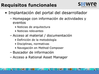 Requisitos funcionales Implantación del portal del desarrollador Homepage con información de actividades y eventos Noticias de arquitectura Noticias relevantes Acceso al material / documentación  Definición de la metodología Disciplinas, normativas Navegación en Method Composer Buscador de información Acceso a Rational Asset Manager 