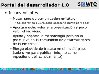 Portal del desarrollador 1.0 Inconvenientes Mecanismo de comunicación unilateral Colaborar no quiere decir necesariamente participar Aporta mucho valor a la organización y poco valor al individuo Ayuda / soporta la metodología pero no la promueve en la comunidad de desarrolladores de la Empresa Riesgo elevado de fracaso en el medio plazo (solo sirve para publicar info, no como repositorio del  conocimiento) 