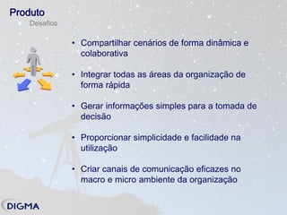 Produto
   Desafios

              • Compartilhar cenários de forma dinâmica e
                colaborativa

              • Integrar todas as áreas da organização de
                forma rápida

              • Gerar informações simples para a tomada de
                decisão

              • Proporcionar simplicidade e facilidade na
                utilização

              • Criar canais de comunicação eficazes no
                macro e micro ambiente da organização
 