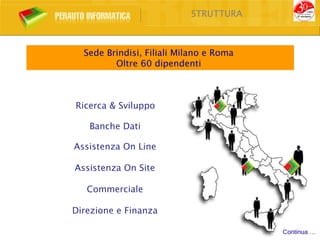 STRUTTURA



  Sede Brindisi, Filiali Milano e Roma
         Oltre 60 dipendenti



Ricerca & Sviluppo

   Banche Dati

Assistenza On Line

Assistenza On Site

   Commerciale

Direzione e Finanza

                                         Continua …
 