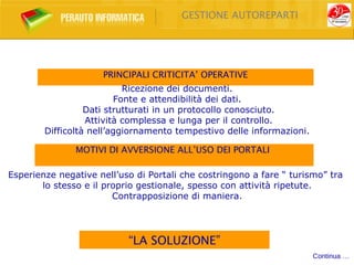 GESTIONE AUTOREPARTI




                     PRINCIPALI CRITICITA’ OPERATIVE
                           Ricezione dei documenti.
                         Fonte e attendibilità dei dati.
                  Dati strutturati in un protocollo conosciuto.
                  Attività complessa e lunga per il controllo.
        Difficoltà nell’aggiornamento tempestivo delle informazioni.

               MOTIVI DI AVVERSIONE ALL’USO DEI PORTALI

Esperienze negative nell’uso di Portali che costringono a fare “ turismo” tra
       lo stesso e il proprio gestionale, spesso con attività ripetute.
                        Contrapposizione di maniera.




                           “LA SOLUZIONE”
                                                                       Continua …
 