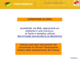FLUSSO OPERATIVO




         SUPERVISORE DI ZONA



  accedendo via Web, approccerà un
      ambiente e una interfaccia
      di facile e semplice utilizzo
PER ATTIVARE UNA RICHIESTA DI PREVENTIVO



   Innesca tutti quei meccanismi che
  consentono di attivare l’Autoreparto
titolare della manutenzione del mezzo.


                                           Continua …
 