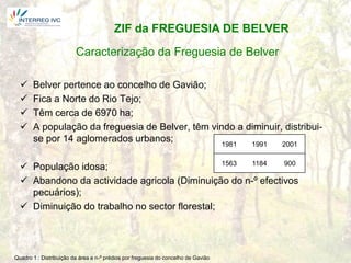 ZIF da FREGUESIA DE BELVER
                         Caracterização da Freguesia de Belver

      Belver pertence ao concelho de Gavião;
      Fica a Norte do Rio Tejo;
      Têm cerca de 6970 ha;
      A população da freguesia de Belver, têm vindo a diminuir, distribui-
       se por 14 aglomerados urbanos;             1981  1991    2001

                                                1563 1184    900
   População idosa;
   Abandono da actividade agricola (Diminuição do n-º efectivos
    pecuários);
   Diminuição do trabalho no sector florestal;




Quadro 1 : Distribuição da área e n-º prédios por freguesia do concelho de Gavião
 