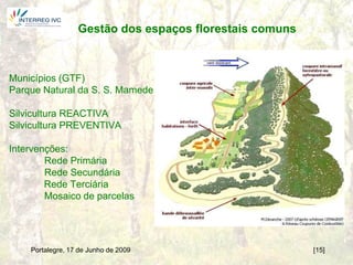 Gestão dos espaços florestais comuns



Municípios (GTF)
Parque Natural da S. S. Mamede

Silvicultura REACTIVA
Silvicultura PREVENTIVA

Intervenções:
        Rede Primária
        Rede Secundária
        Rede Terciária
        Mosaico de parcelas




    Portalegre, 17 de Junho de 2009                      [15]26
 