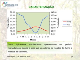 CARACTERIZAÇÃO




Clima      tipicamente       mediterrânico   apresentando   um   período
marcadamente quente e seco que se prolonga de meados de Junho a
meados de Setembro.

Portalegre, 17 de Junho de 2009                                        [4]
 