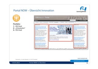 Portlets:
 1 – RSS-Feed
 2 – „Schaukasten“
 3 – RSS-Feed




16.04.2010           Portal NOW im Überblick   11
 