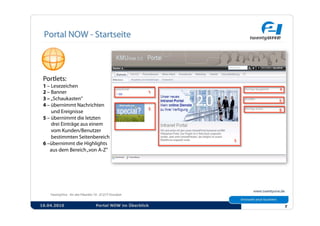 Portlets:
 1 – Lesezeichen
 2 – Banner
 3 – „Schaukasten“
 4 – übernimmt Nachrichten
     und Ereignisse
 5 – übernimmt die letzten
     drei Einträge aus einem
     vom Kunden/Benutzer
     bestimmten Seitenbereich
 6 –übernimmt die Highlights
    aus dem Bereich „von A-Z”




16.04.2010             Portal NOW im Überblick   7
 