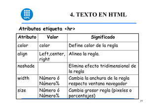 19 
4. TEXTO EN HTML 
Atributos etiqueta <hr> 
Atributo Valor Significado 
color color Define color de la regla 
Cambia grosor regla (pixeles o 
porcentajes) 
Número ó 
Número% 
size 
Cambia la anchura de la regla 
respecto ventana navegador 
Número ó 
Número% 
width 
Elimina efecto tridimensional de 
la regla 
noshade 
Left,center, Alinea la regla. 
right 
align 
 