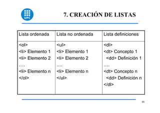 44 
7. CREACIÓN DE LISTAS 
Lista ordenada Lista no ordenada Lista definiciones 
<dl> 
<dt> Concepto 1 
<dd> Definición 1 
…. 
<dt> Concepto n 
<dd> Definición n 
</dl> 
<ul> 
<li> Elemento 1 
<li> Elemento 2 
…. 
<li> Elemento n 
</ul> 
<ol> 
<li> Elemento 1 
<li> Elemento 2 
…. 
<li> Elemento n 
</ol> 
 