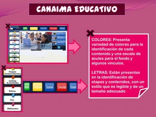 COLORES: Presenta
variedad de colores para la
identificación de cada
contenido y una escala de
azules para el fondo y
algunos vínculos.

LETRAS: Están presentes
en la identificación de
etapas y contenidos, con un
estilo que es legible y de un
tamaño adecuado
 