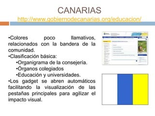 CANARIAS
    http://www.gobiernodecanarias.org/educacion/


•Colores        poco       llamativos,
relacionados con la bandera de la
comunidad.
•Clasificación básica:
    •Organigrama de la consejería.
    •Órganos colegiados
    •Educación y universidades.
•Los gadget se abren automáticos
facilitando la visualización de las
pestañas principales para agilizar el
impacto visual.
 