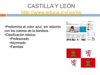 CASTILLA Y LEÓN
           http://www.educa.jcyl.es/es

•Predomina el color azul, sin relación
con los colores de la bandera.
•Clasificación básica:
   •Profesorado
   •Alumnado
   •Familias
 