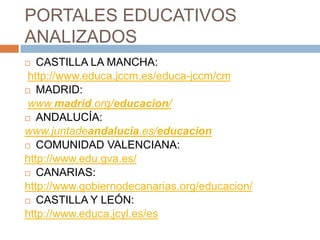 PORTALES EDUCATIVOS
ANALIZADOS
  CASTILLA LA MANCHA:
 http://www.educa.jccm.es/educa-jccm/cm
 MADRID:

 www.madrid.org/educacion/
 ANDALUCÍA:

www.juntadeandalucia.es/educacion
 COMUNIDAD VALENCIANA:

http://www.edu.gva.es/
 CANARIAS:

http://www.gobiernodecanarias.org/educacion/
 CASTILLA Y LEÓN:

http://www.educa.jcyl.es/es
 