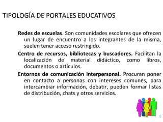 TIPOLOGÍA DE PORTALES EDUCATIVOS

    Redes de escuelas. Son comunidades escolares que ofrecen
      un lugar de encuentro a los integrantes de la misma,
      suelen tener acceso restringido.
    Centro de recursos, bibliotecas y buscadores. Facilitan la
      localización de material didáctico, como libros,
      documentos o artículos.
    Entornos de comunicación interpersonal. Procuran poner
      en contacto a personas con intereses comunes, para
      intercambiar información, debatir, pueden formar listas
      de distribución, chats y otros servicios.


                                                            12
 