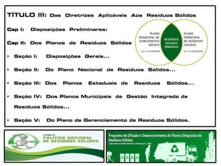 TÍTULO III: Das Diretrizes Aplicáveis Aos Resíduos Sólidos
Cap I: Disposições Preliminares:
Cap II: Dos Planos de Resíduos Sólidos
 Seção I: Disposições Gerais...
 Seção II: Do Plano Nacional de Resíduos Sólidos...
 Seção III: Dos Planos Estaduais de Resíduos Sólidos...
 Seção IV: Dos Planos Municipais de Gestão Integrada de
Resíduos Sólidos...
 Seção V: Do Plano de Gerenciamento de Resíduos Sólidos.
 