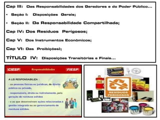 Cap III: Das Responsabilidades dos Geradores e do Poder Público...
 Seção I: Disposições Gerais;
 Seção II: Da Responsabilidade Compartilhada;
Cap IV: Dos Resíduos Perigosos;
Cap V: Dos Instrumentos Econômicos;
Cap VI: Das Proibições);
TÍTULO IV: Disposições Transitórias e Finais...
 