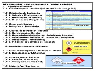 B) TRANSPORTE DE PRODUTOS FITOSSANITÁRIOS
1. Legislação Brasileira
1.1. Classificação e Identificação de Produtos Perigosos;
1.2. Exigências da Legislação
1.2.1. Veículo e Equipamentos;
1.2.2. Prescrições de Serviço;
1.2.3. Documentos Obrigatórios;
1.3. Responsabilidades ;
1.4. Infrações e Penalidades;
1.5. Limites de Isenção p/ Produtos
1.5.1. Considerações Gerais;
1.5.2. Quantidades Limitadas por Embalagens Internas;
1.5.3. Quantidades Limitadas p/ Unidade de Transporte;
1.5.4. Prescrições Particulares;
1.5.5. Indicação dos Limites de Isenção);
1.6. Incompatibilidade de Produtos;
1.7. Caso de Emergência / Acidente ou Avaria.
1.7.1. Orientações p/ Motorista;
1.8. Orientações ao Usuário
1.8.1. Compra do Produto;
1.8.2. Transporte do Produto);
1.9. Lista de Verificações ...
CLASSES DE RISCO
 