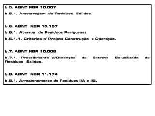 b.5. ABNT NBR 10.007
b.5.1. Amostragem de Resíduos Sólidos.
b.6. ABNT NBR 10.157
b.6.1. Aterros de Resíduos Perigosos:
b.6.1.1. Critérios p/ Projeto Construção e Operação.
b.7. ABNT NBR 10.006
b.7.1. Procedimento p/Obtenção de Extrato Solubilizado de
Resíduos Sólidos.
b.8. ABNT NBR 11.174
b.8.1. Armazenamento de Resíduos IIA e IIB.
 