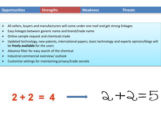 Opportunities Strengths Weakness Threats
 All sellers, buyers and manufacturers will come under one roof and get strong linkages
 Easy linkages between generic name and brand/trade name
 Online sample request and chemicals trade
 Updated technology, new patents, international papers, basic technology and experts opinion/blogs will
be freely available for the users
 Advance filter for easy search of the chemical
 Industrial commercial overview/ outlook
 Customize settings for maintaining privacy/trade secrete
 