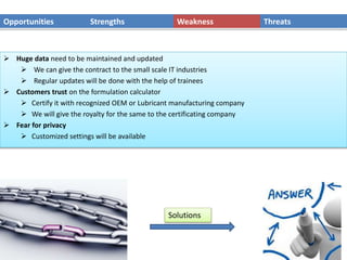Opportunities Strengths Weakness Threats
 Huge data need to be maintained and updated
 We can give the contract to the small scale IT industries
 Regular updates will be done with the help of trainees
 Customers trust on the formulation calculator
 Certify it with recognized OEM or Lubricant manufacturing company
 We will give the royalty for the same to the certificating company
 Fear for privacy
 Customized settings will be available
Solutions
 