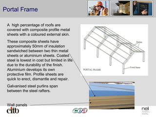 Portal Frame
A high percentage of roofs are
covered with composite profile metal
sheets with a coloured external skin.
These composite sheets have
approximately 50mm of insulation
sandwiched between two thin metal
sheets or aluminium sheets. Coated
steel is lowest in cost but limited in life
due to the durability of the finish.
Aluminium develops its own
protective film. Profile sheets are
quick to erect, dismantle and repair.
Galvanised steel purlins span
between the steel rafters.
Wall panels
 
