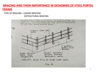 21
BRACING AND THEIR IMPORTANCE IN DESIGNING OF STEEL PORTAL
FRAME
TYPE OF BRACING –1)WIND BRACING
2)STRUCTURAL BRACING
 