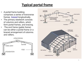 Typical portal frame
• A portal frame building
comprises a series of transverse
frames braced longitudinally.
• The primary steelwork consists
of columns and rafters, which
form portal frames, and bracing.
• The end frame (gable frame)
can be either a portal frame or a
braced arrangement of columns
and rafters.
3
 