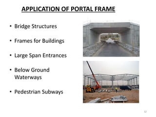 APPLICATION OF PORTAL FRAME
• Bridge Structures
• Frames for Buildings
• Large Span Entrances
• Below Ground
Waterways
• Pedestrian Subways
32
 