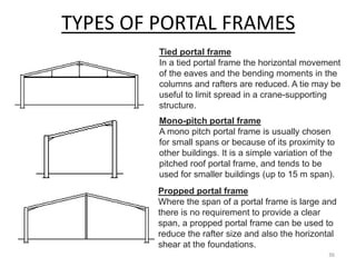 TYPES OF PORTAL FRAMES
Tied portal frame
In a tied portal frame the horizontal movement
of the eaves and the bending moments in the
columns and rafters are reduced. A tie may be
useful to limit spread in a crane-supporting
structure.
Mono-pitch portal frame
A mono pitch portal frame is usually chosen
for small spans or because of its proximity to
other buildings. It is a simple variation of the
pitched roof portal frame, and tends to be
used for smaller buildings (up to 15 m span).
Propped portal frame
Where the span of a portal frame is large and
there is no requirement to provide a clear
span, a propped portal frame can be used to
reduce the rafter size and also the horizontal
shear at the foundations.
36
 