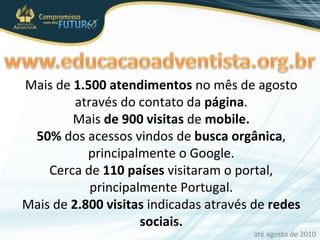 Mais de  1.500 atendimentos  no mês de agosto através do contato da  página . Mais  de 900 visitas  de  mobile. 50%  dos acessos vindos de  busca orgânica , principalmente o Google. Cerca de  110 países  visitaram o portal, principalmente Portugal. Mais de  2.800 visitas  indicadas através de  redes sociais. até agosto de 2010 