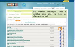 Portal de Periódicos da CAPES
Para verificar informações sobre o
periódico basta clicar no ícone de
informação em azul.
 