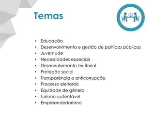 Temas
•  Educação
•  Desenvolvimento e gestão de políticas públicas
•  Juventude
•  Necessidades especiais
•  Desenvolvimento territorial
•  Proteção social
•  Transparência e anticorrupção
•  Processo eleitorais
•  Equidade de gênero
•  Turismo sustentável
•  Empreendedorismo
 