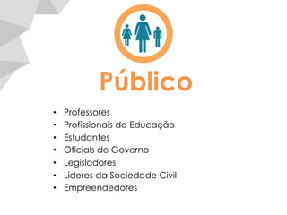 Público
•  Professores
•  Profissionais da Educação
•  Estudantes
•  Oficiais de Governo
•  Legisladores
•  Líderes da Sociedade Civil
•  Empreendedores
 