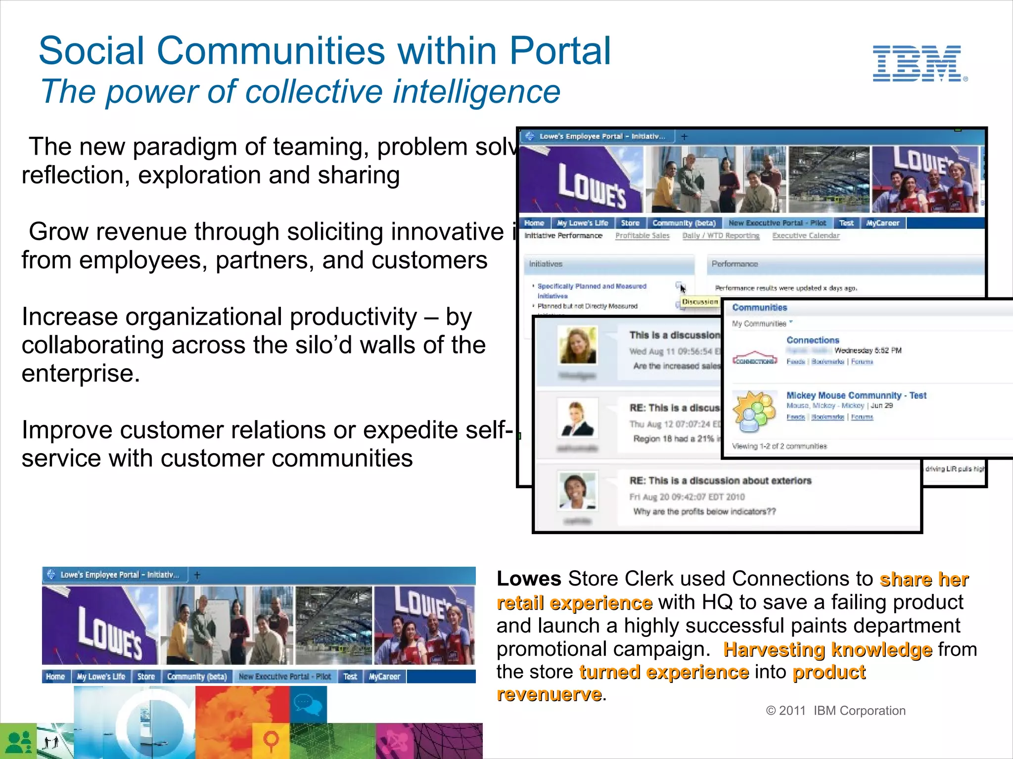 Social Communities within Portal
 The power of collective intelligence
 The new paradigm of teaming, problem solving,
reflection, exploration and sharing

 Grow revenue through soliciting innovative ideas
from employees, partners, and customers

Increase organizational productivity – by
collaborating across the silo’d walls of the
enterprise.

Improve customer relations or expedite self-
service with customer communities



                                               Lowes Store Clerk used Connections to share her
                                               retail experience with HQ to save a failing product
                                               and launch a highly successful paints department
                                               promotional campaign. Harvesting knowledge from
                                               the store turned experience into product
                                               revenuerve.
                                               revenuerve
                                                                            © 2011 IBM Corporation
 