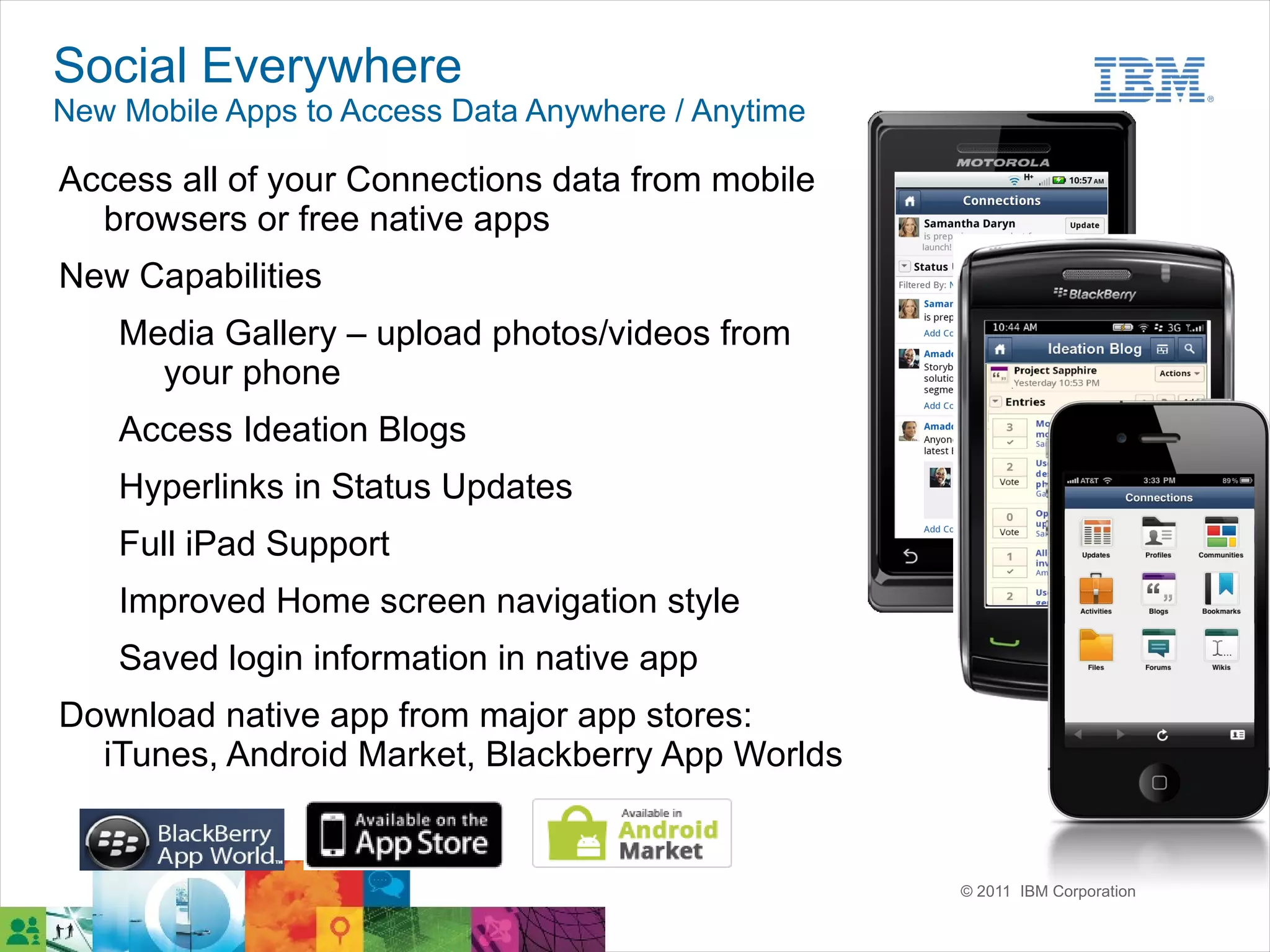 Social Everywhere
New Mobile Apps to Access Data Anywhere / Anytime

Access all of your Connections data from mobile
  browsers or free native apps
New Capabilities
    Media Gallery – upload photos/videos from
      your phone
    Access Ideation Blogs
    Hyperlinks in Status Updates
    Full iPad Support
    Improved Home screen navigation style
    Saved login information in native app
Download native app from major app stores:
  iTunes, Android Market, Blackberry App Worlds


                                                    © 2011 IBM Corporation
 