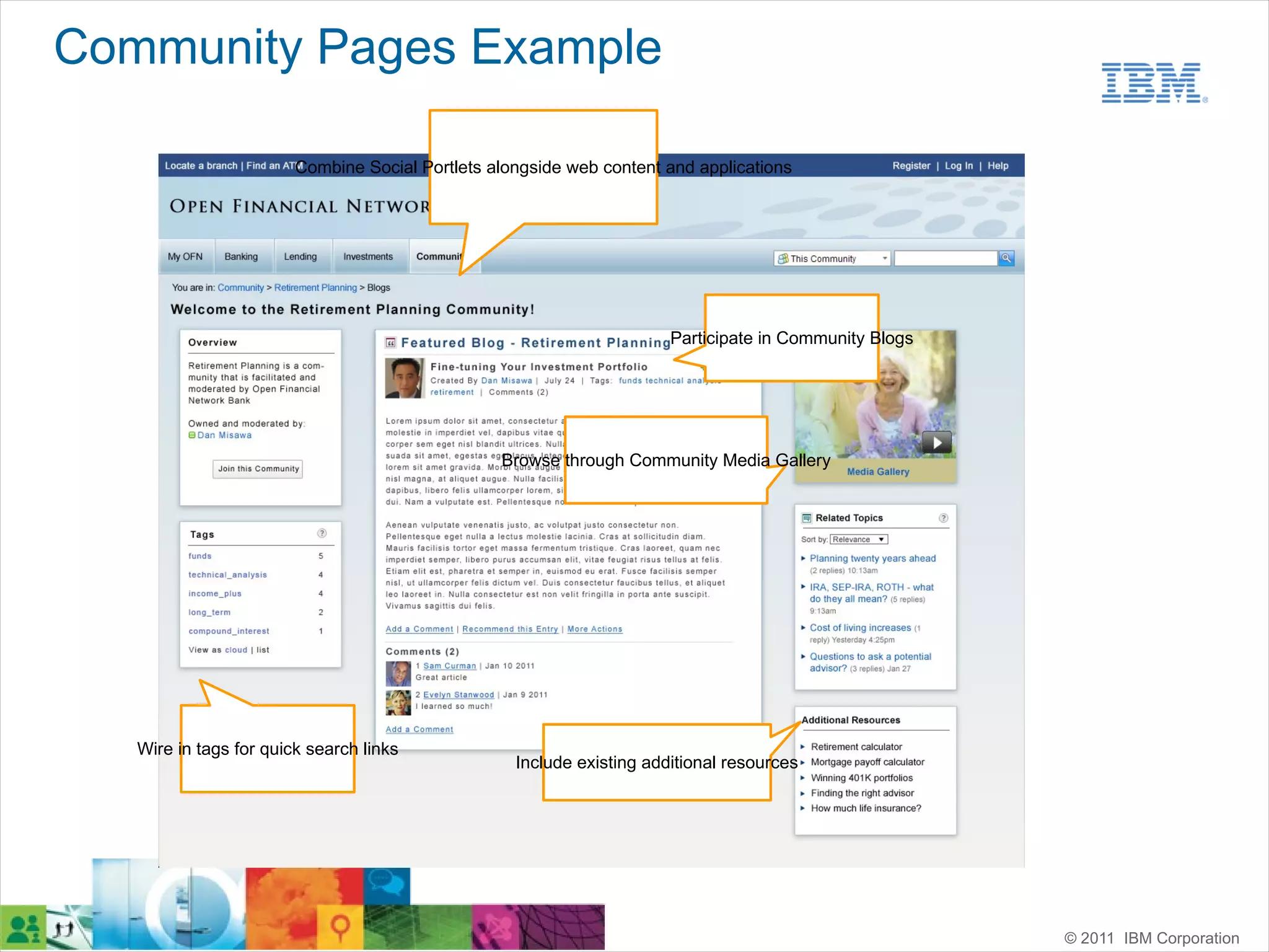 Community Pages Example

                        Combine Social Portlets alongside web content and applications




                                                                       Participate in Community Blogs




                                                 Browse through Community Media Gallery




   Wire in tags for quick search links
                                                   Include existing additional resources




                                                                                                        © 2011 IBM Corporation
 
