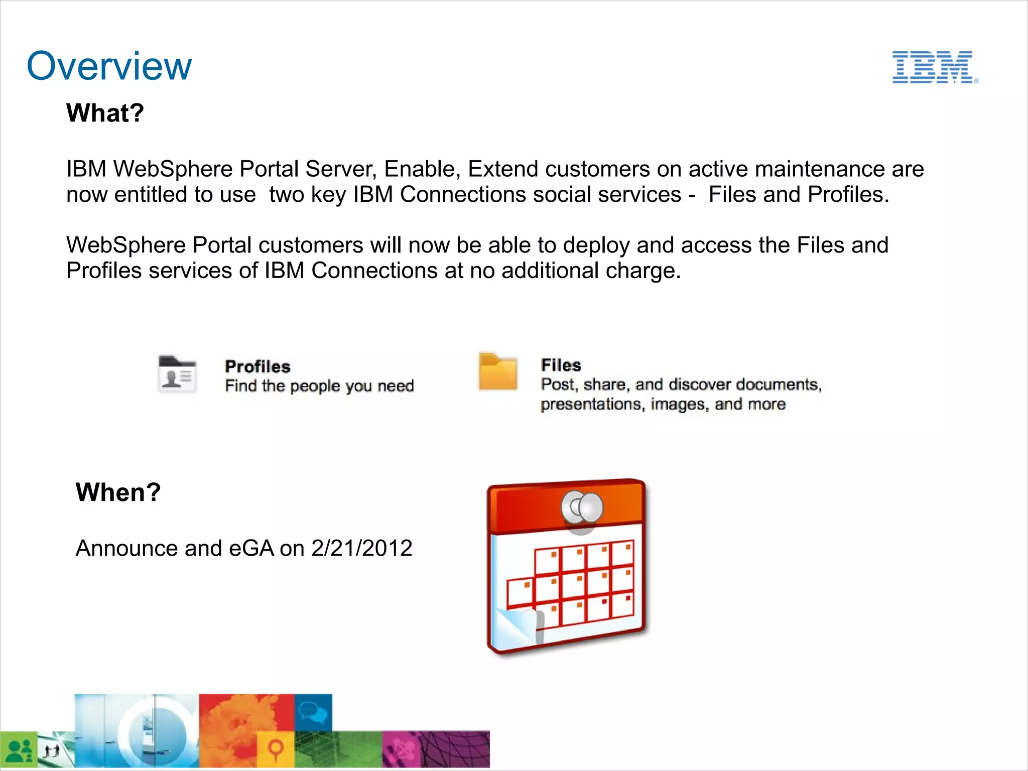 Overview
 What?

 IBM WebSphere Portal Server, Enable, Extend customers on active maintenance are
 now entitled to use two key IBM Connections social services - Files and Profiles.

 WebSphere Portal customers will now be able to deploy and access the Files and
 Profiles services of IBM Connections at no additional charge.




  When?

  Announce and eGA on 2/21/2012
 