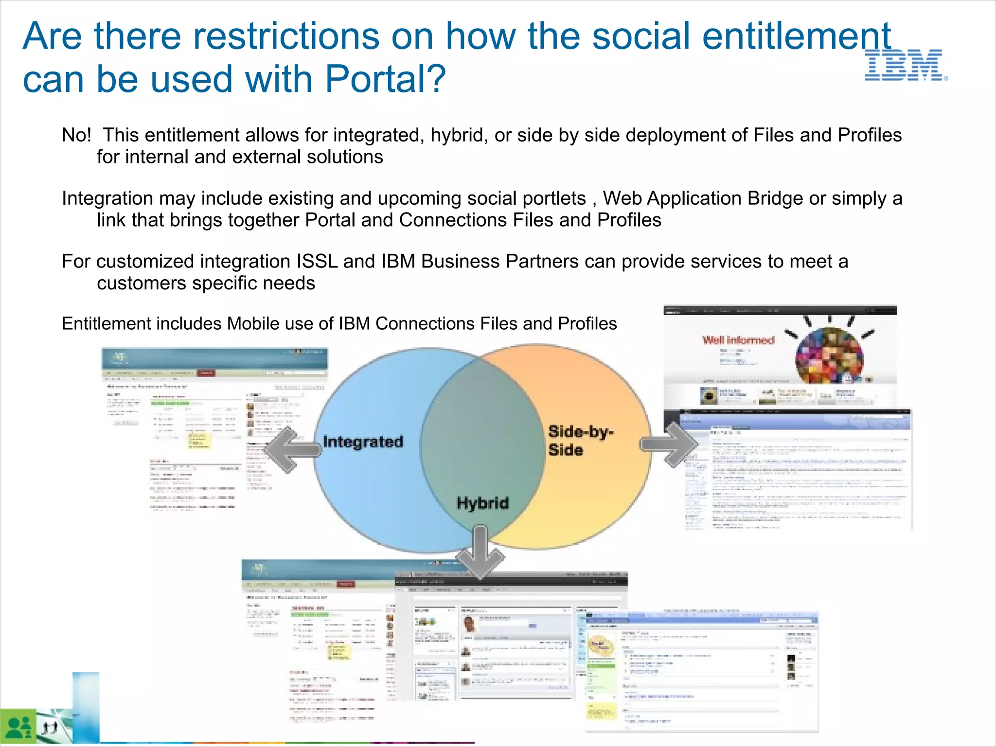 Are there restrictions on how the social entitlement
can be used with Portal?
  No! This entitlement allows for integrated, hybrid, or side by side deployment of Files and Profiles
     for internal and external solutions

  Integration may include existing and upcoming social portlets , Web Application Bridge or simply a
      link that brings together Portal and Connections Files and Profiles

  For customized integration ISSL and IBM Business Partners can provide services to meet a
      customers specific needs

  Entitlement includes Mobile use of IBM Connections Files and Profiles
 