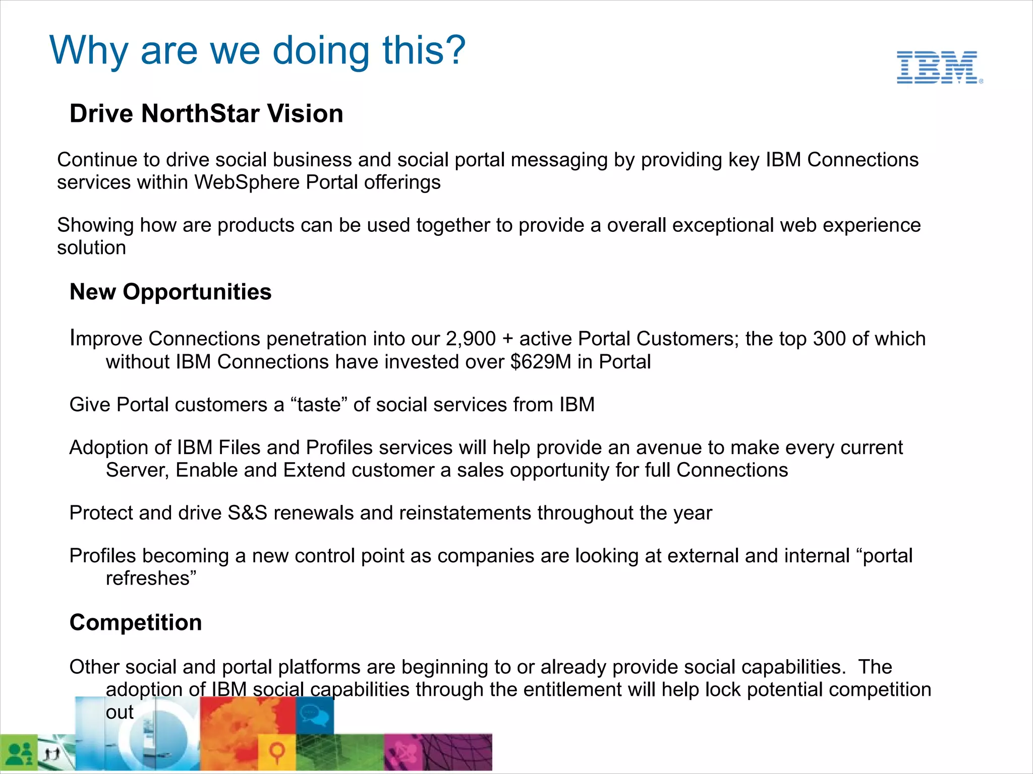 Why are we doing this?
 Drive NorthStar Vision
Continue to drive social business and social portal messaging by providing key IBM Connections
services within WebSphere Portal offerings

Showing how are products can be used together to provide a overall exceptional web experience
solution

 New Opportunities

 Improve Connections penetration into our 2,900 + active Portal Customers; the top 300 of which
     without IBM Connections have invested over $629M in Portal

 Give Portal customers a “taste” of social services from IBM

 Adoption of IBM Files and Profiles services will help provide an avenue to make every current
    Server, Enable and Extend customer a sales opportunity for full Connections

 Protect and drive S&S renewals and reinstatements throughout the year

 Profiles becoming a new control point as companies are looking at external and internal “portal
     refreshes”

 Competition
 Other social and portal platforms are beginning to or already provide social capabilities. The
    adoption of IBM social capabilities through the entitlement will help lock potential competition
    out
 