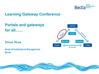 Learning Gateway Conference Portals and gateways for all…… Simon Shaw Head of Institutional Management Becta 