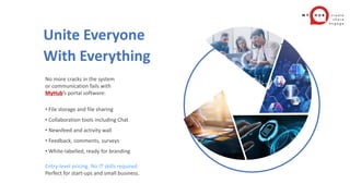 Unite Everyone
With Everything
No more cracks in the system
or communication fails with
MyHub’s portal software:
• File storage and file sharing
• Collaboration tools including Chat
• Newsfeed and activity wall
• Feedback, comments, surveys
• White-labelled, ready for branding
Entry-level pricing. No IT skills required.
Perfect for start-ups and small business.
 