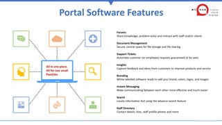 Portal Software Features
Forums
Share knowledge, problem-solve and interact with staff and/or clients
Document Management
Secure, central space for file storage and file sharing
Support Tickets
Automate customer (or employee) requests guaranteed to be seen
Insights
Capture feedback and ideas from customers to improve products and service
Branding
White-labelled software ready to add your brand, colors, logos, and images
Instant Messaging
Make communicating between each other more effective and much easier
Search
Locate information fast using the advance search feature
Staff Directory
Contact details, bios, staff profile photos and more
All in one place.
All for one small
fixed fee.
 
